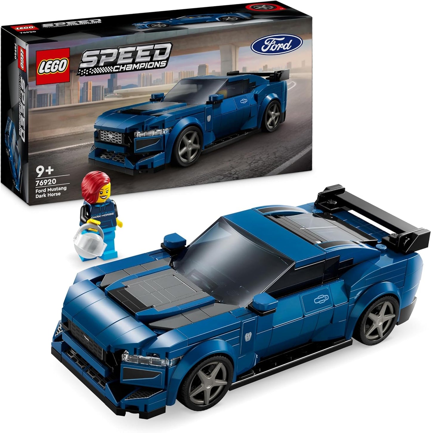 LEGO Speed Champions Ford Mustang Dark Horse Carro esportivo veículo de brinquedo para meninos e meninas de 9 anos ou mais, conjunto de modelo edificável com minifigura de motorista, decoração de quarto infantil, ideia de presente de aniversário 76920