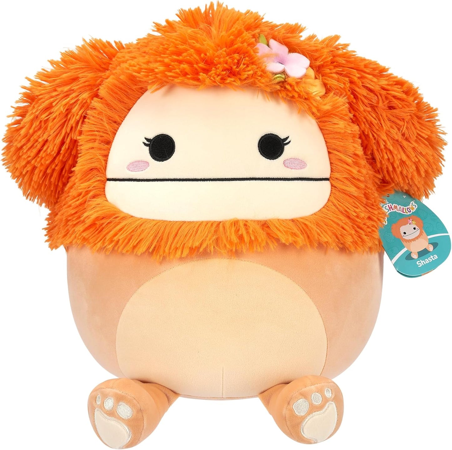 Squishmallows SQCR05428 12 polegadas-Shasta The Light Orange Bigfoot com alfinete de flor, multicor