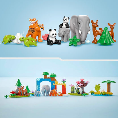 LEGO DUPLO Conjunto de famílias de animais selvagens 3 em 1, brinquedo de aprendizagem infantil Montessori com figuras de tartaruga, tigre, elefante, veado e panda para meninas e meninos de 2 anos ou mais