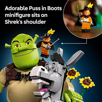 LEGO Shrek, Burro e Gato de Botas – Kit de Modelo Colecionável para Adultos – Conjunto de Exibição com 3 Figuras para Decoração de Prateleira ou Mesa – Ideia de Presente Nostálgico para Fãs – 72423