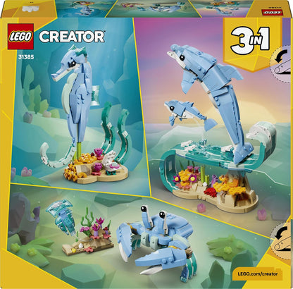 LEGO Creator 3 em 1 Animais Marinhos: Lindos Golfinhos de Brinquedo - Figura de Animal Marinho que se Transforma em Cavalo-Marinho ou Caranguejo - Ideia de Decoração DIY para o Quarto - Presente Criativo para Meninas e Meninos