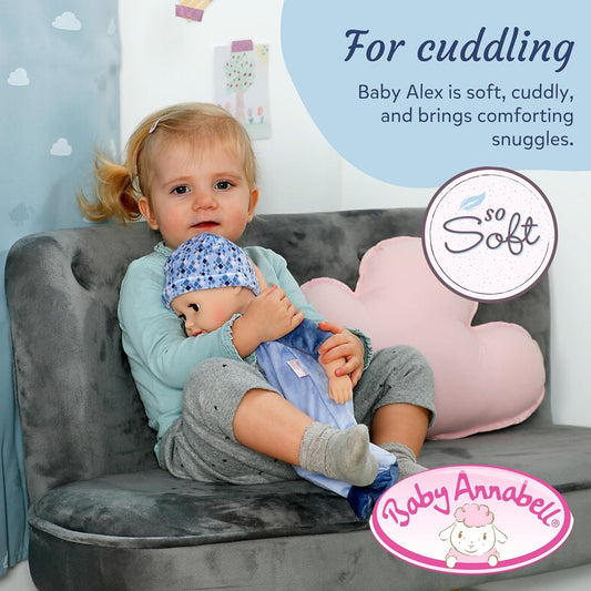 Baby Annabell Boneca Alex de 36 cm, macia, com olhos que fecham - Inclui mamadeira, chapéu e macacão - Primeira boneca, ideal para crianças a partir de 1 ano de idade.