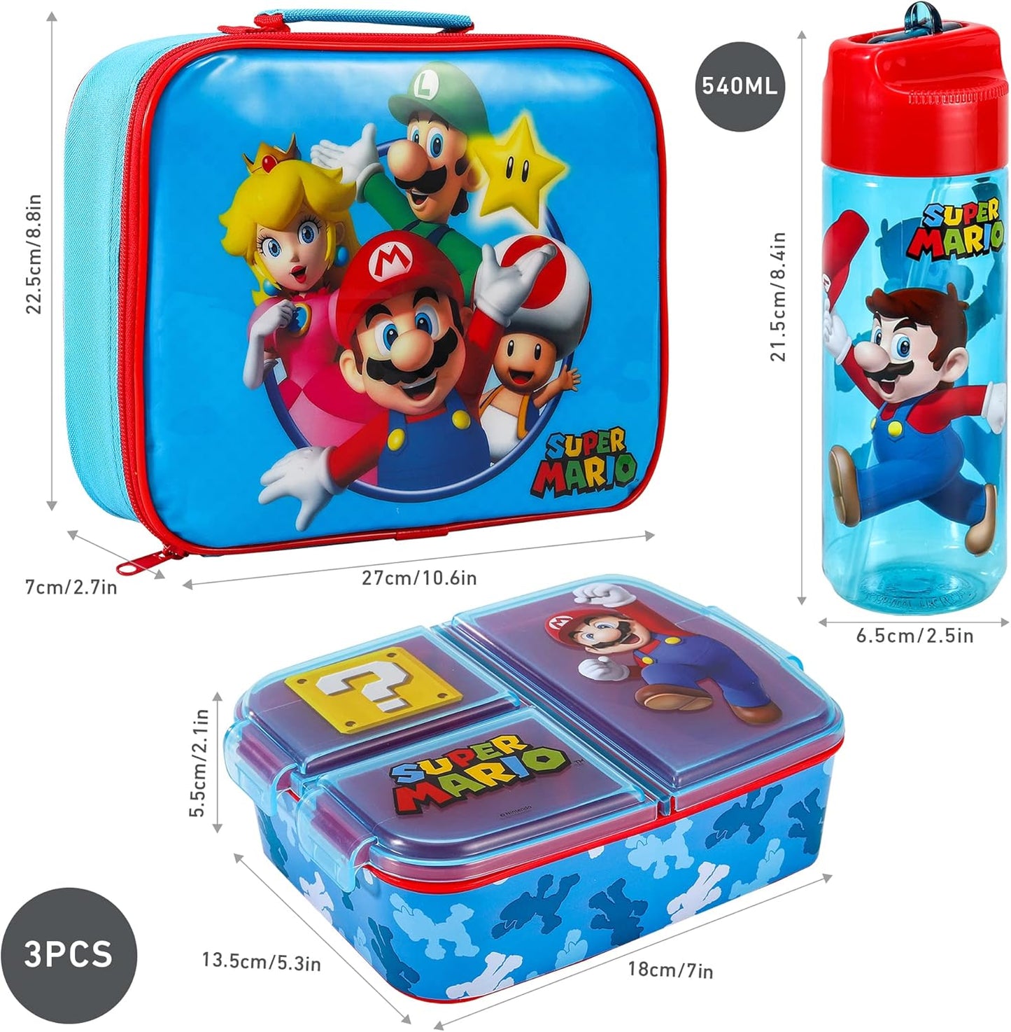 Conjunto de lancheira infantil Super Mario Kids - lancheira isolada, lancheira com vários compartimentos e garrafa de água de 580ml - conjunto de comida para almoço de viagem escolar, sem BPA