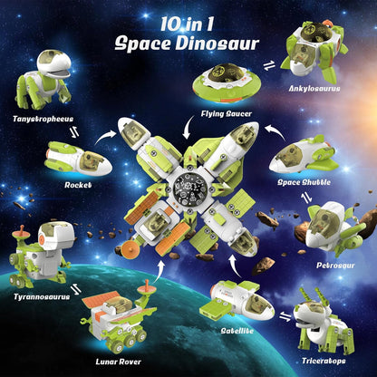 Conjunto de Brinquedos Transformáveis 5 em 1 com Dinossauros Espaciais - Estação Espacial desmontável que se transforma em 5 dinossauros de brinquedo ou 5 naves espaciais de brinquedo para meninos e meninas de 3 a 9 anos,