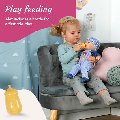 Baby Annabell Boneca Alex de 36 cm, macia, com olhos que fecham - Inclui mamadeira, chapéu e macacão - Primeira boneca, ideal para crianças a partir de 1 ano de idade.