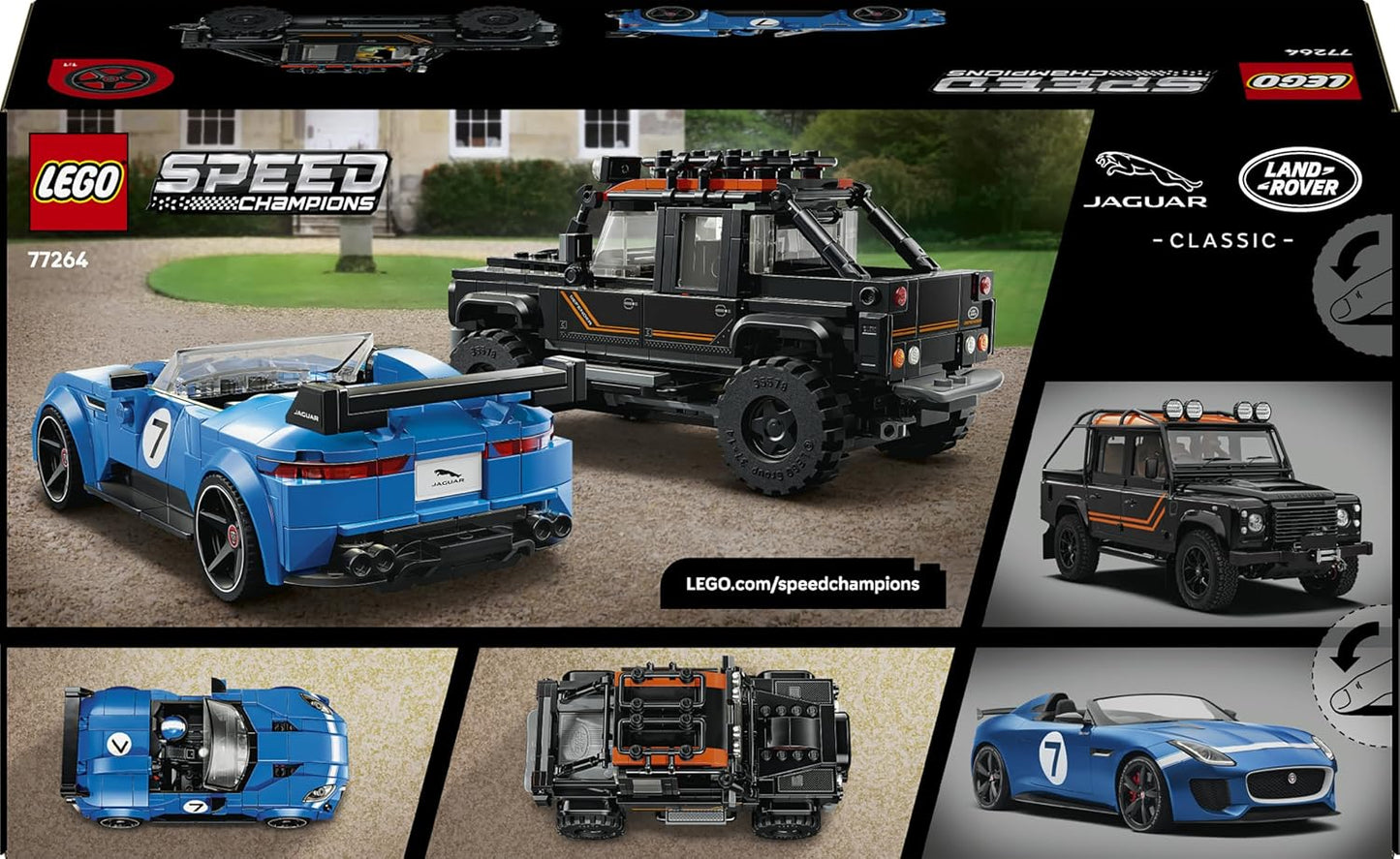 LEGO Speed Champions Jaguar Project 7 e Land Rover Defender – Kit de Modelo STEM com 2 Carros de Brinquedo e 2 Minifiguras de Piloto – Presente de Aniversário para Meninos a partir de 10 Anos – 77264