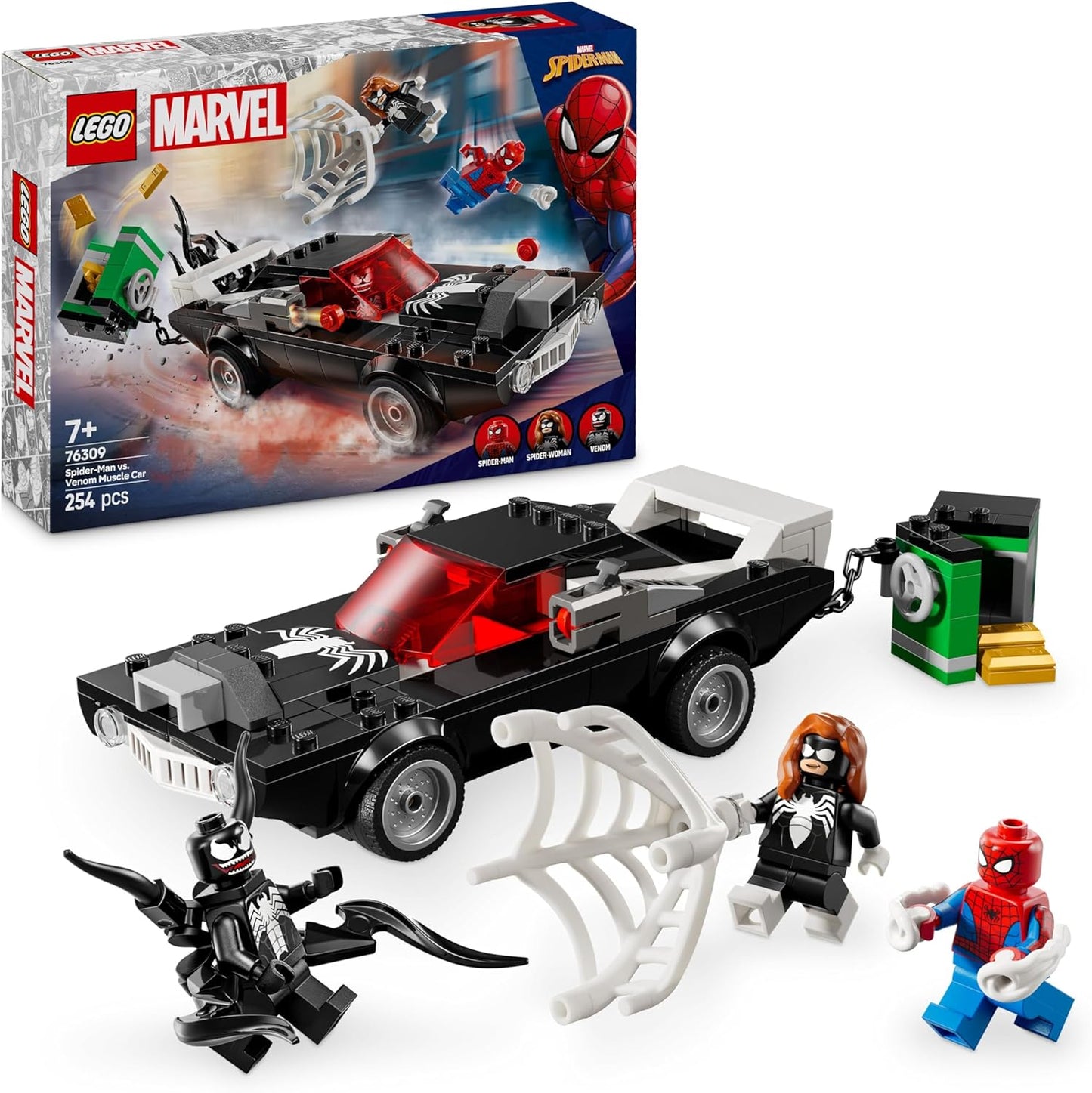 LEGO Marvel Spider-Man vs. Venom Muscle Car - Brinquedo de construção com 3 minifiguras de super-heróis para brincadeiras imaginativas - Presente para meninos e meninas de 7 anos ou mais