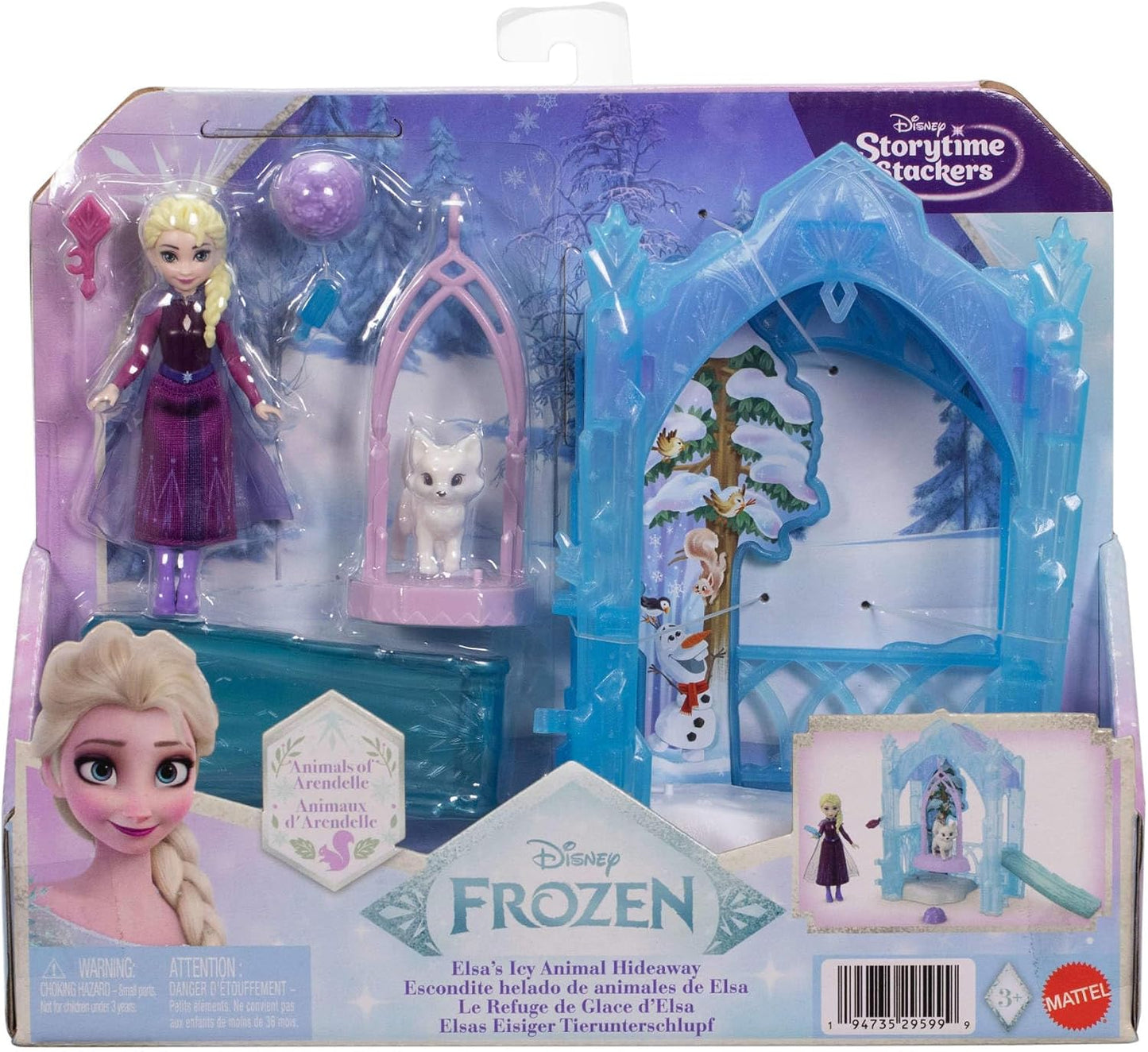 Mattel Disney Frozen – Boneca e Conjunto Elsa e seu Refúgio Gelado para Animais | Mini Boneca Elsa com Saia Removível, 2 Figuras de Animais, Escorregador e Acessórios – Linha Storytime Stackers – Inspirado no Filme – JFG29