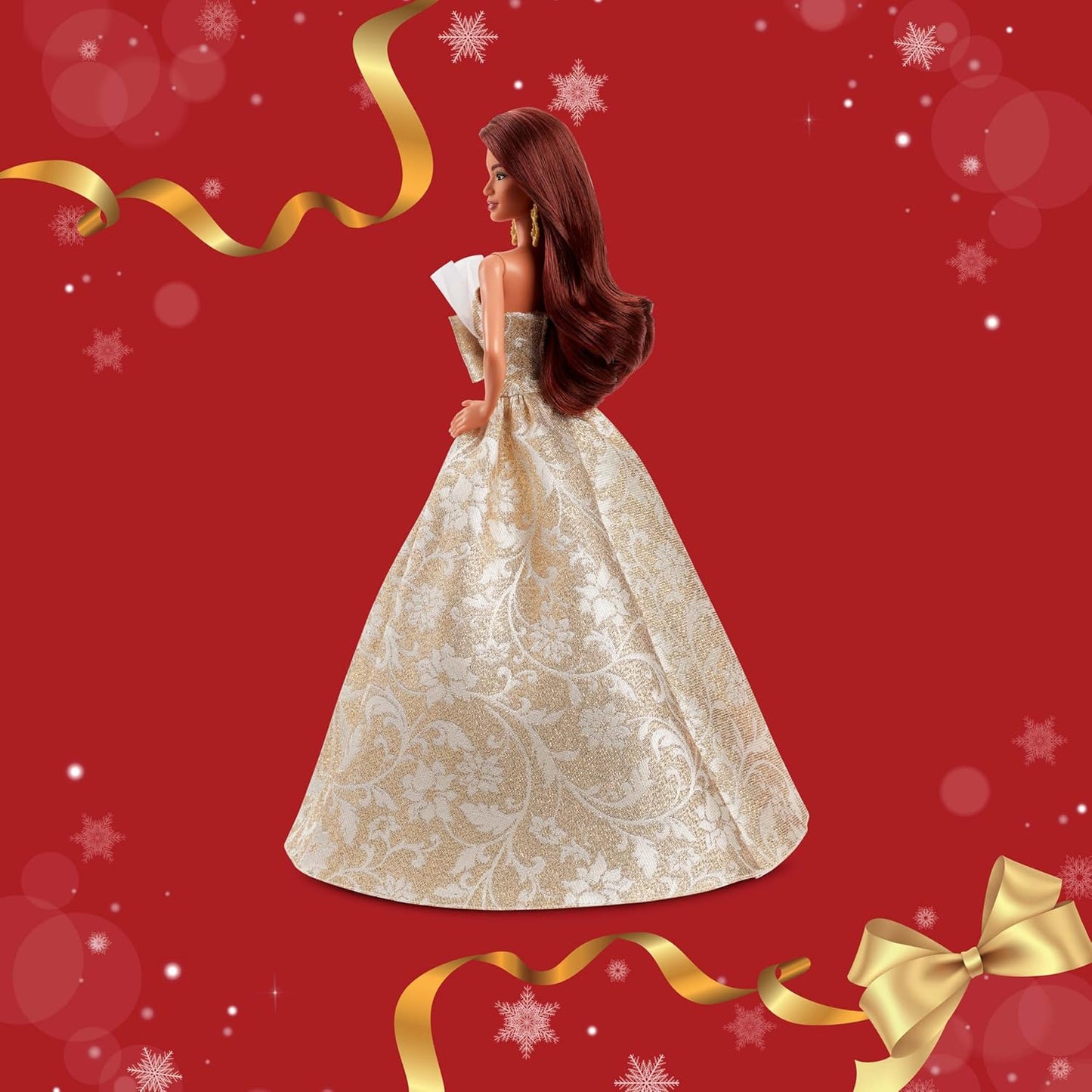 Barbie Signature, Boneca Fashion de Cabelo Preto para as Festas de Fim de Ano de 2025, Vestindo Vestido Prateado e Dourado, Brinquedo Colecionável Sazonal em Embalagem Exibível, JBJ01