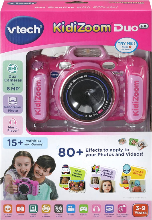 VTech KidiZoom Duo FX, câmera infantil com tela colorida, 8 MP, fotos, selfies e vídeos, filtros AR, 20 jogos, 75 efeitos de foto e vídeo, filtros e molduras, para bebês de 3, 4, 5, 6, 7 anos ou mais, rosa