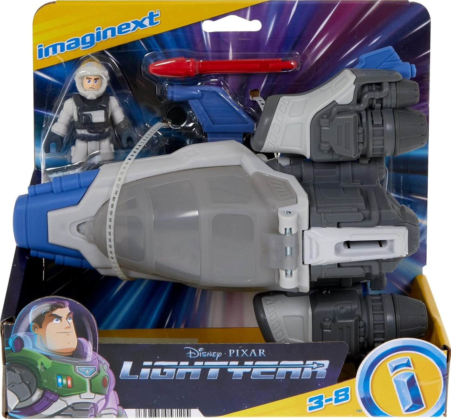Nave espacial Imaginext Disney e Pixar Lightyear Hyperspeed Explorer XL-01 com figura do Buzz Lightyear para crianças em idade pré-escolar a partir de 3 anos, HGT32