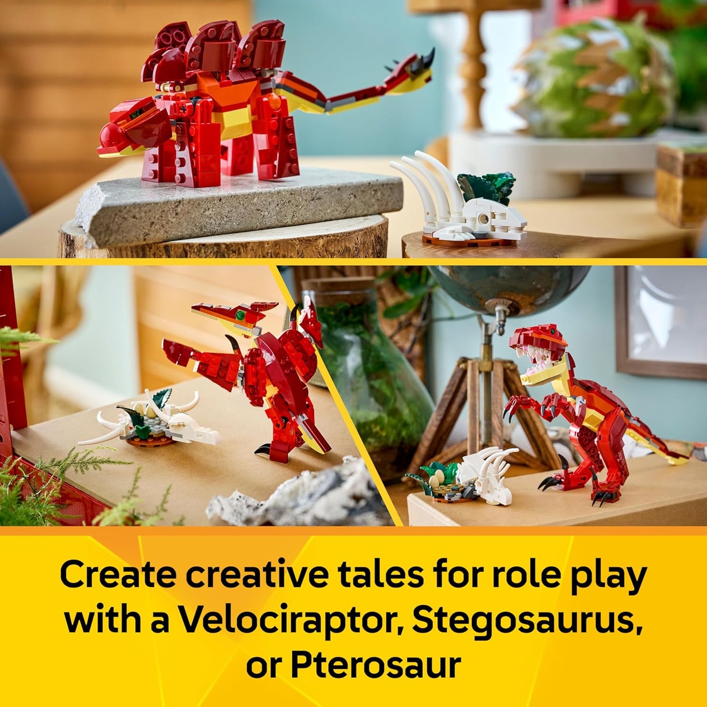 LEGO Creator 3 em 1 Dinossauro Feroz - Monte figuras de Velociraptor, Estegossauro ou Pterossauro com esqueleto e dentes afiados - Ótima ideia de presente de aniversário para meninos e meninas a partir de 8 anos - 31379