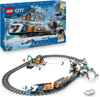 Conjunto de Trem Expresso Polar Ártico LEGO City Explorers - inclui um trem de brinquedo com controle remoto, limpa-neve, 22 peças de trilho, 6 minifiguras e função de queda de rochas - Presente para meninos e meninas a partir de 7 anos - 60470