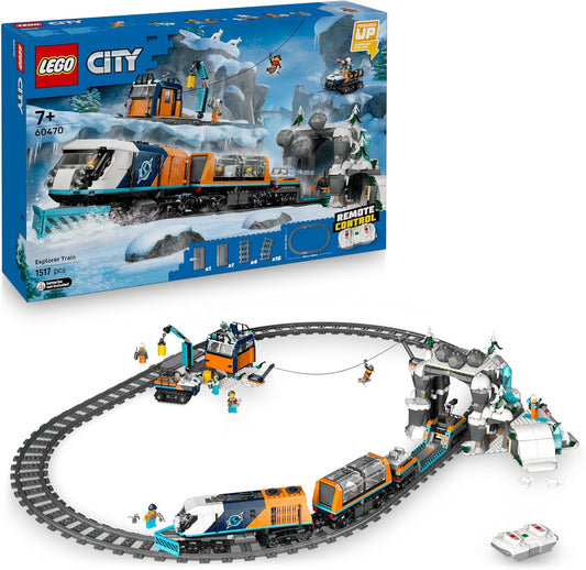 Conjunto de Trem Expresso Polar Ártico LEGO City Explorers - inclui um trem de brinquedo com controle remoto, limpa-neve, 22 peças de trilho, 6 minifiguras e função de queda de rochas - Presente para meninos e meninas a partir de 7 anos - 60470