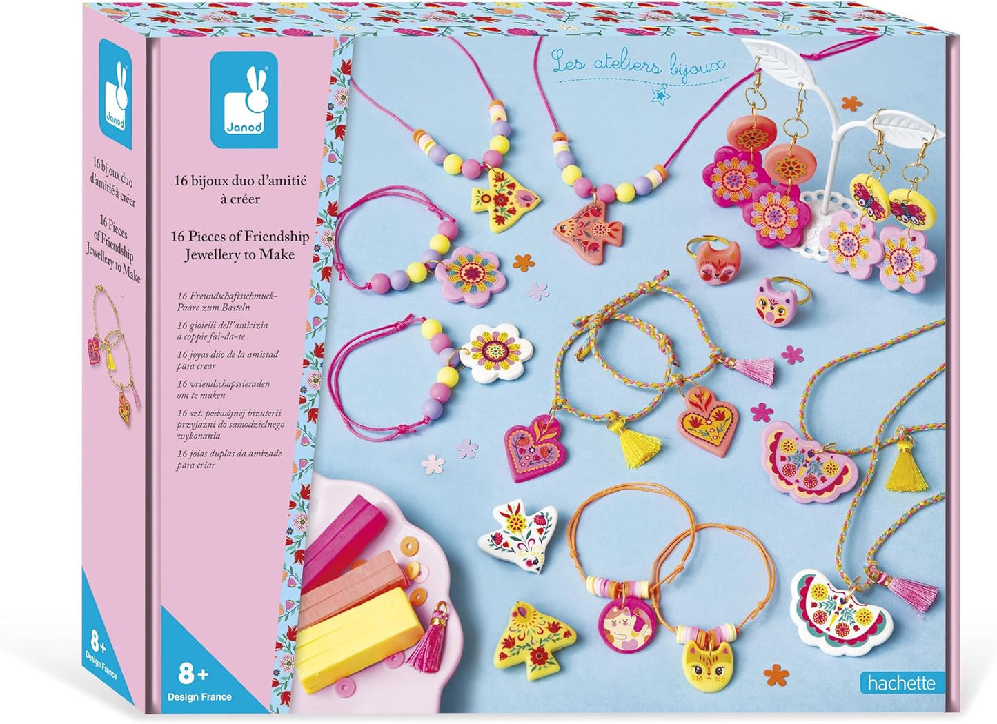 Janod - 16 Joias da Amizade para Criar - Amuletos de Argila Polímera Autocriáveis - Kit de Lazer Criativo - Estimula a Criatividade - Atividade Manual Infantil - A partir de 7 anos - J09186