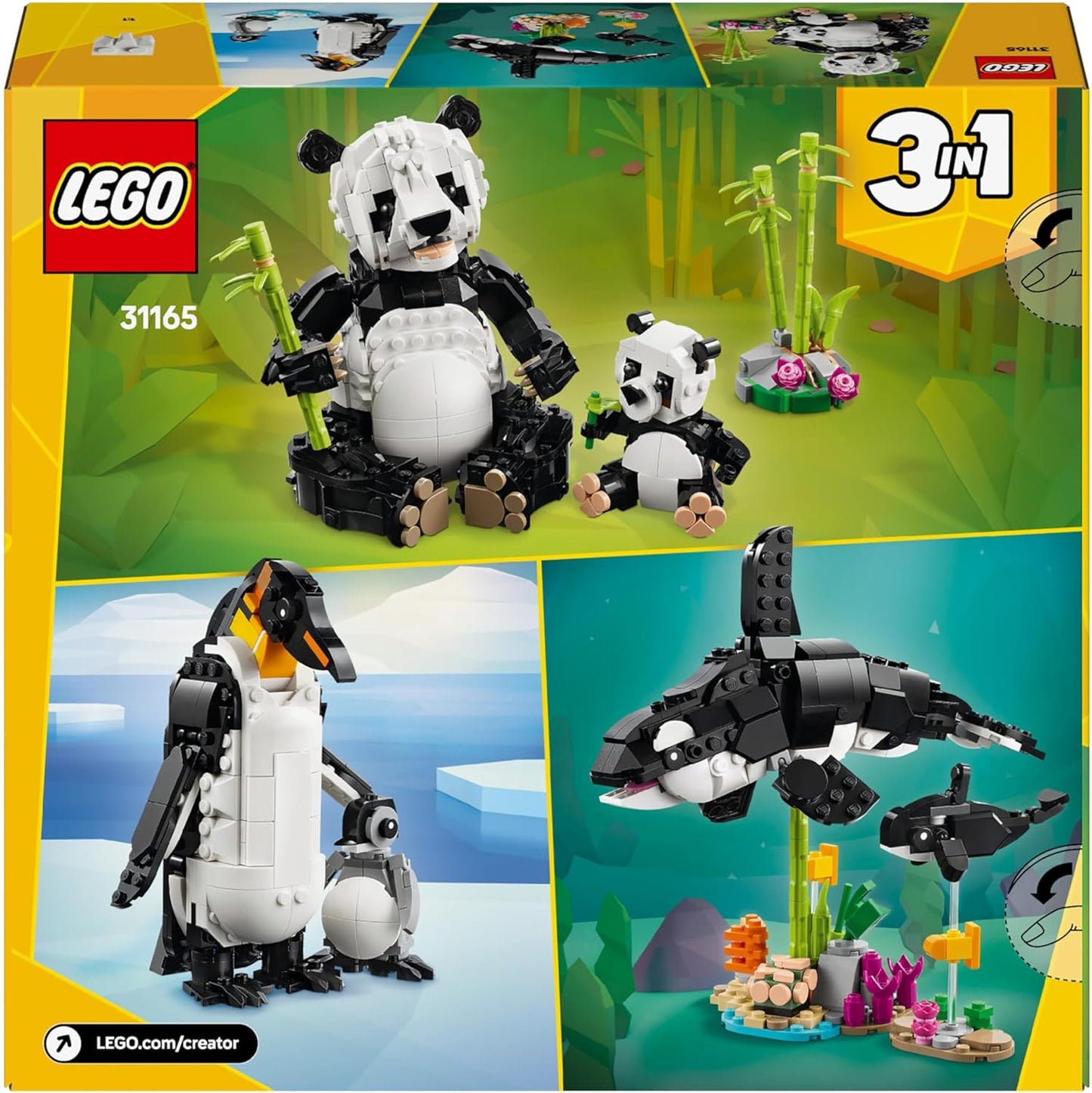 LEGO Creator 3in1 Wild Animals: Panda Family Toy - Transforma-se em figuras de pinguins ou brinquedos de baleia orca - Conjunto de construção para meninas e meninos amantes da natureza com mais de 8 anos - Presente de aniversário criativo