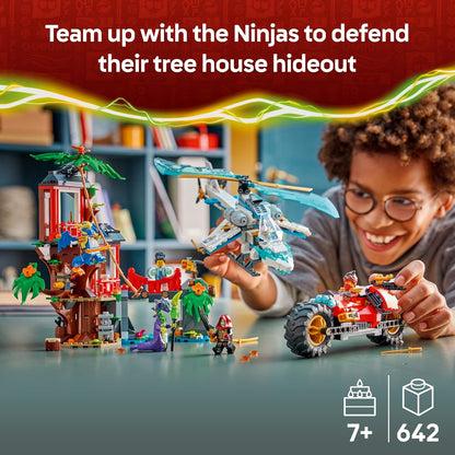 LEGO NINJAGO Batalha na Casa da Árvore com Veículos Ninja - Brinquedo de Ação com Moto, Helicóptero, 6 Minifiguras e Espadas - Presente para Meninos e Fãs a partir de 7 Anos - 71857