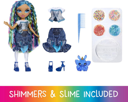 Rainbow High Rainbow Shimmers com Slime - Skyler, Azul - Boneca Fashion de 28cm, Acompanha Kit de Slime e um Coelhinho de Pelúcia, Indicada para Crianças a partir de 4 Anos