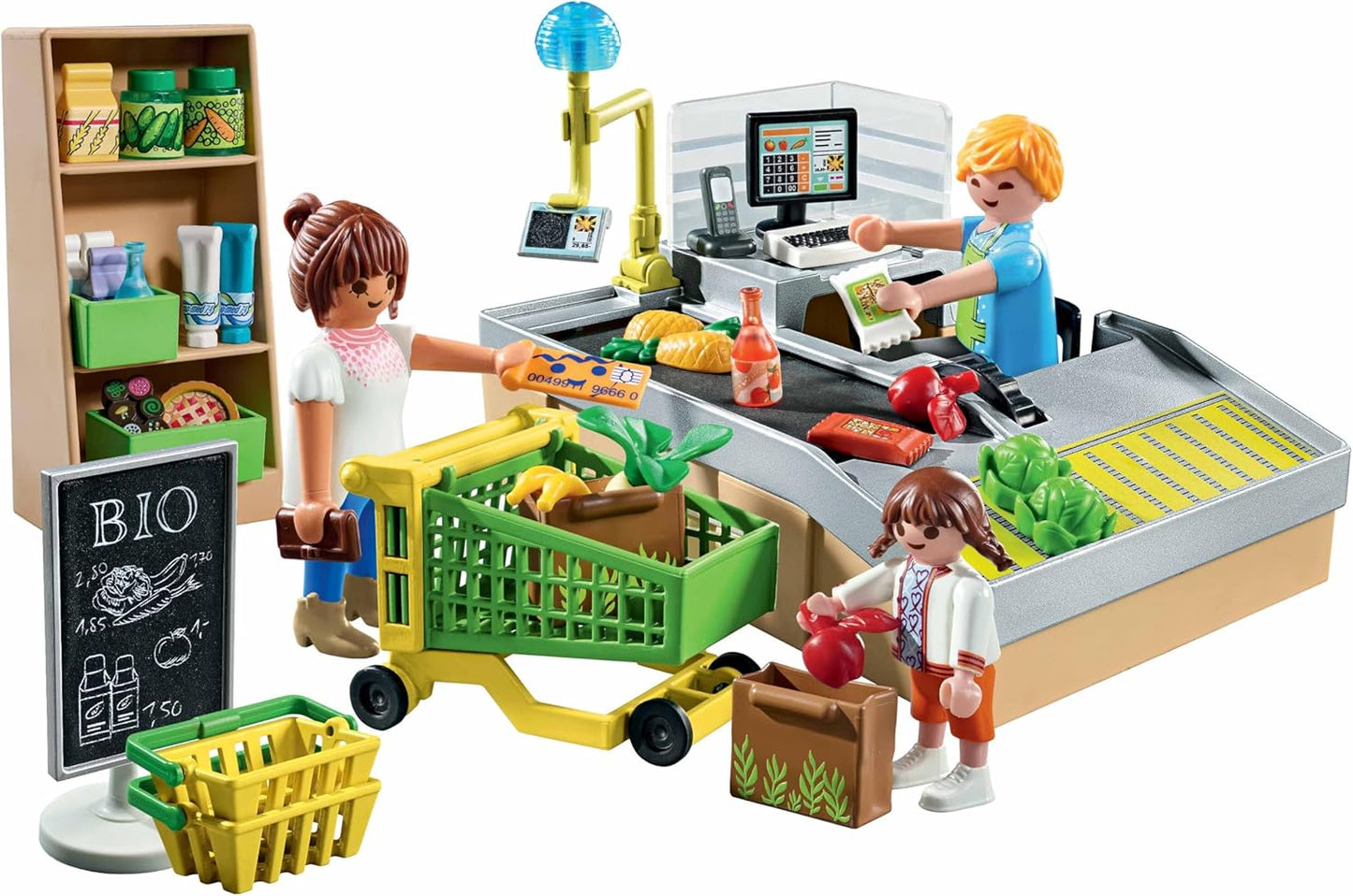 Playmobil 71648 MyLife: pacote promocional de supermercado orgânico, incluindo caixa com esteira transportadora, carrinho de compras e três figuras, conjuntos de jogos detalhados adequados para crianças de 4 anos ou mais