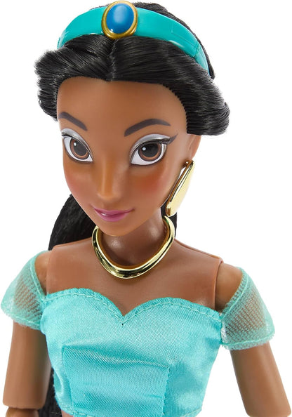 Disney Boneca Clássica Oficial da Princesa Jasmine da Store para Crianças, Aladdin, 30 cm, Brinquedo Totalmente Articulado com Traje Turquesa Icônico e Amigo Surpresa — Indicado para Maiores de 3 Anos