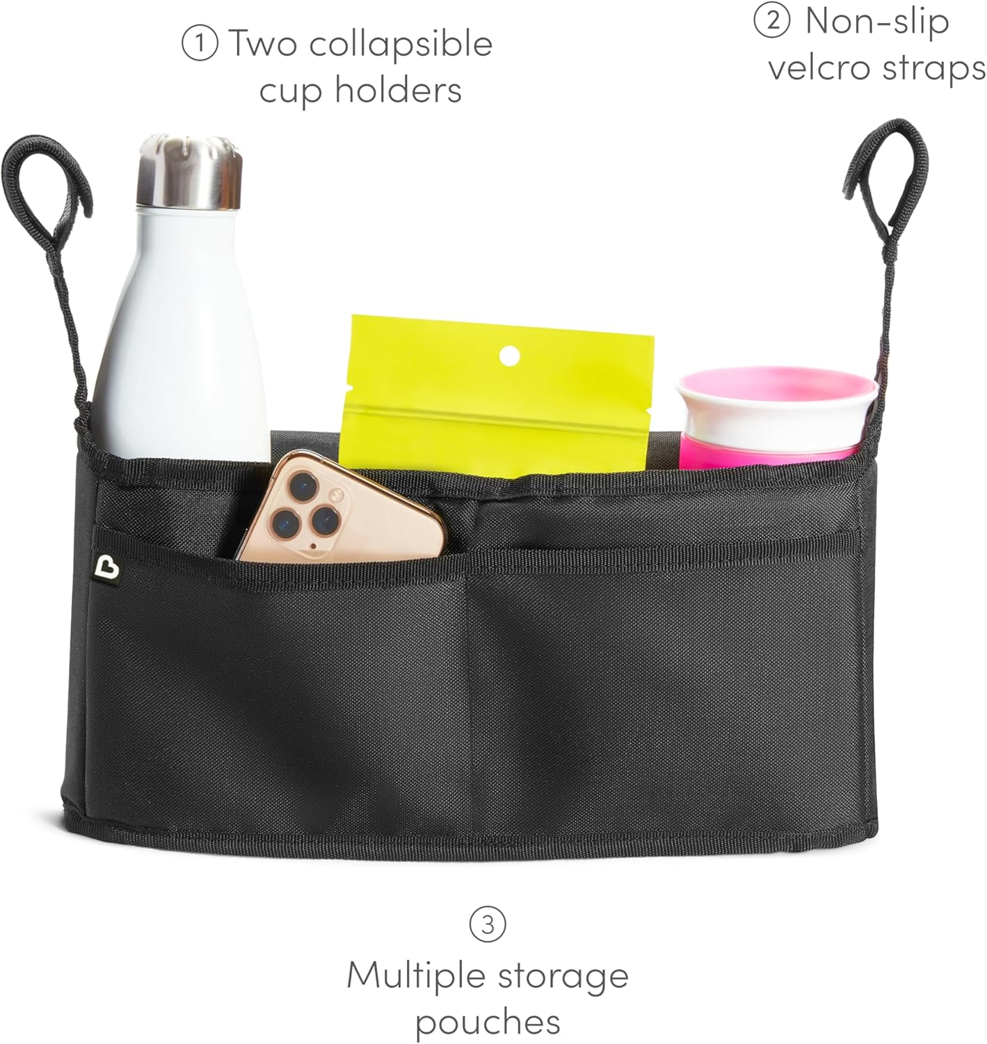 Munchkin Organizador de carrinho de bebê | Organizador para carrinho de bebê com 2 porta-copos, estojo para lenços umedecidos e bolso grande para itens essenciais para bebês e recém-nascidos | Ajuste universal para carrinhos de bebê,