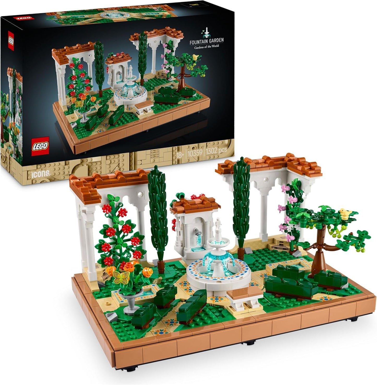 LEGO Conjunto de construção de jardim de fonte Icons, kit de modelo de decoração para casa e escritório para adultos construirem, com ciprestes, videiras, flores e figuras de animais