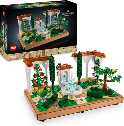 LEGO Conjunto de construção de jardim de fonte Icons, kit de modelo de decoração para casa e escritório para adultos construirem, com ciprestes, videiras, flores e figuras de animais