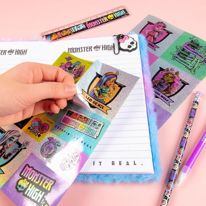 Monster High Kids Journal com caderno fofo, caneta de caveira, adesivos de diário, clipes de papel, régua, apontador de lápis, lápis - conjunto de papelaria infantil - presentes de aniversário para meninas - conjunto de diário secreto