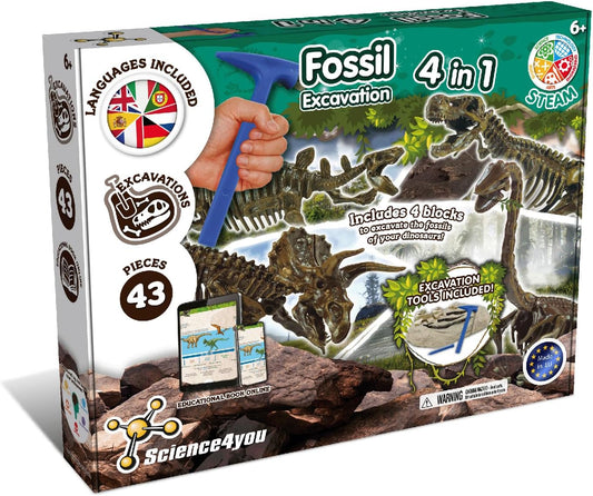 Science4you Kit de escavação de fósseis de dinossauro 4 em 1 - Kit de escavação de fósseis para crianças, Science4you - Extinção Extinção, brinquedo educacional e presente original engraçado com dinossauros e vulcões