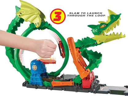 Conjunto de Pista Hot Wheels com Caminhão de Bombeiros de Brinquedo em Escala 1:64, Estação de Bombeiros da Cidade com Dragão Nemesis e Pista de Brincadeira, Combate de Incêndio Dragon Drive, HDP03