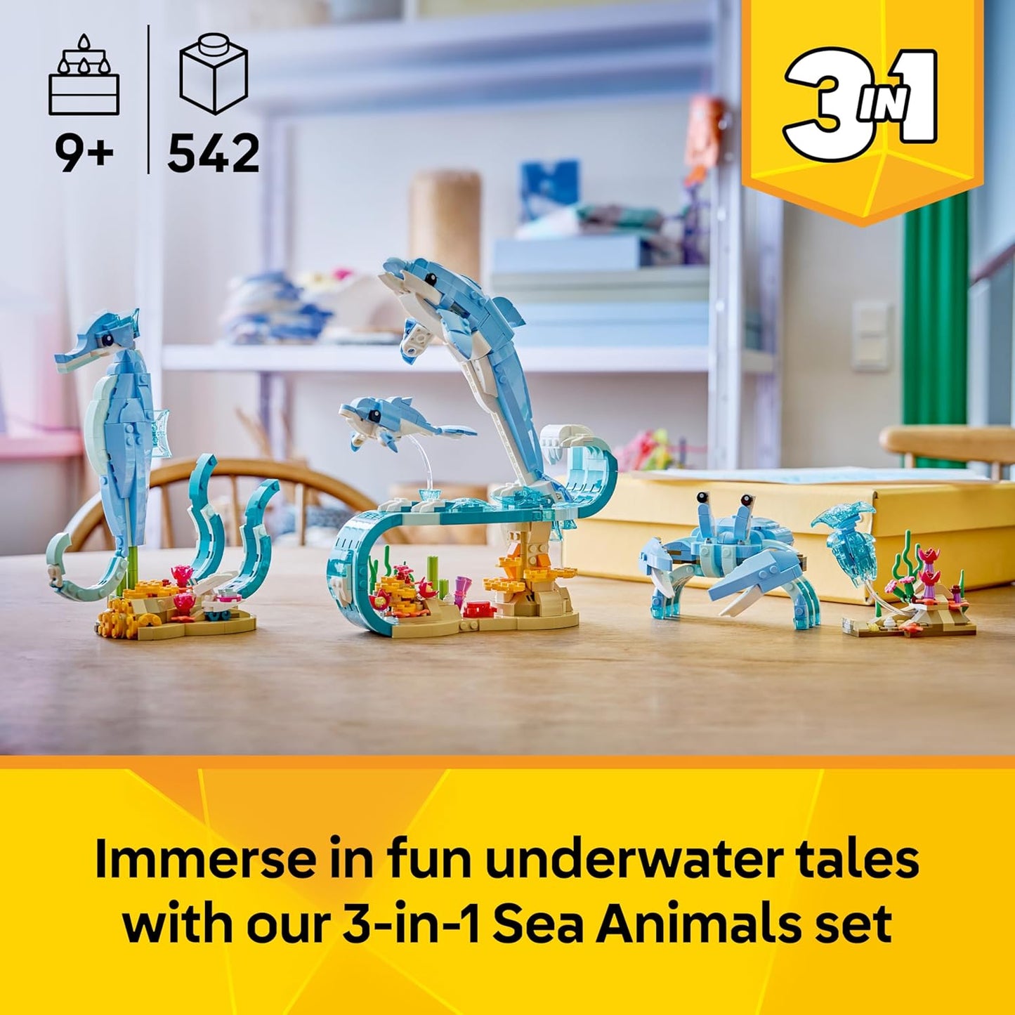 LEGO Creator 3 em 1 Animais Marinhos: Lindos Golfinhos de Brinquedo - Figura de Animal Marinho que se Transforma em Cavalo-Marinho ou Caranguejo - Ideia de Decoração DIY para o Quarto - Presente Criativo para Meninas e Meninos