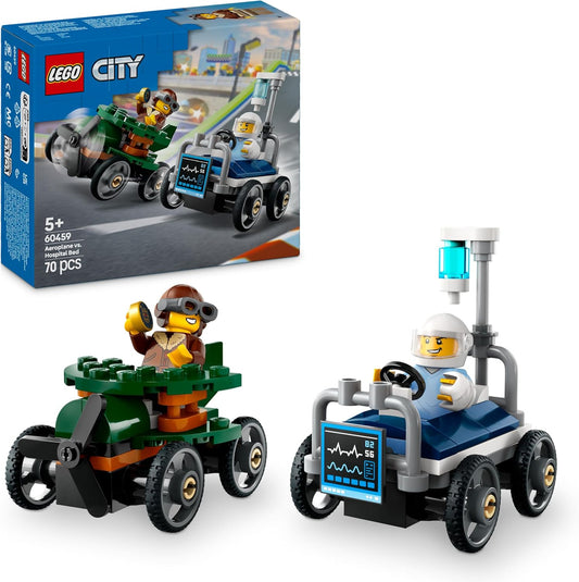 LEGO City Airplane vs. Hospital Bed Race Car Pack Toy - Soapbox Car Toys para meninos e meninas de 5 anos ou mais - Presentes divertidos para aniversários e feriados - Conjunto de construção inclui 2 minifiguras