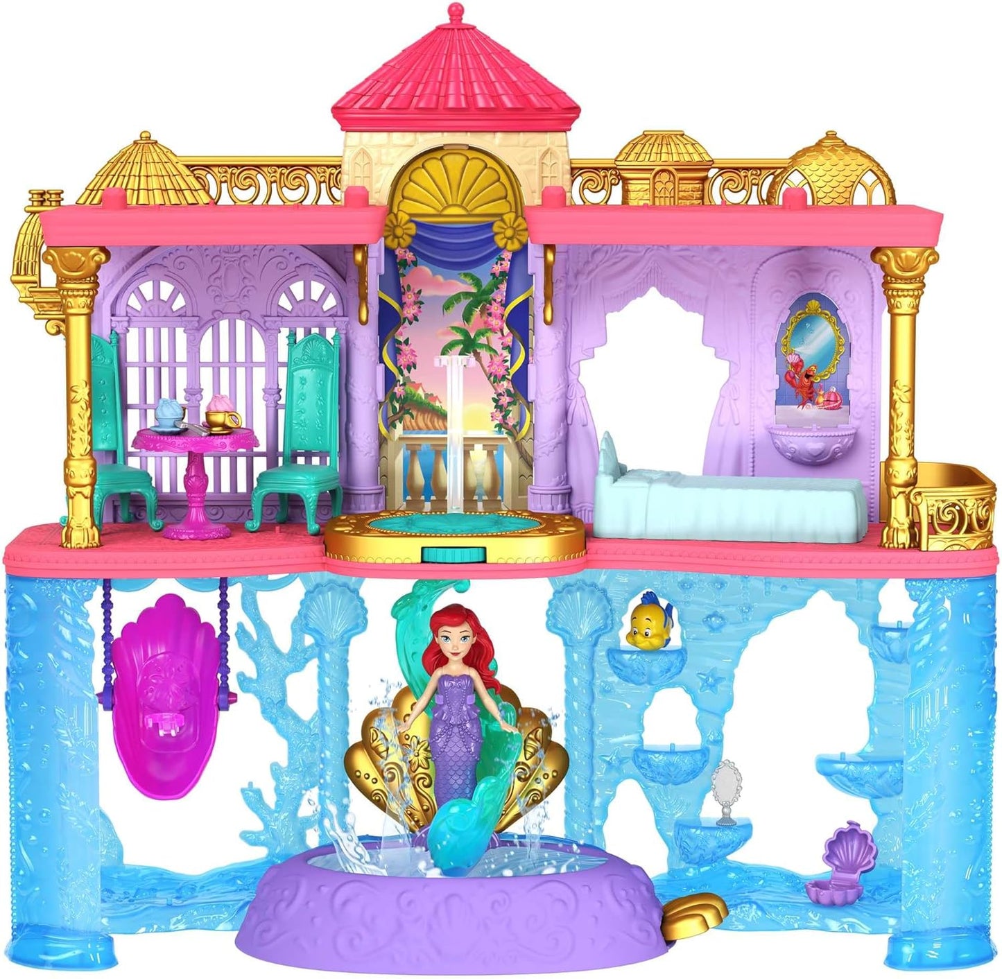 Mattel Castelo Terra e Mar da Ariel (Disney Princess) da – Inclui boneca Ariel com cabelo ruivo e cauda de sereia que muda de cor, peixinho Linguado, piscina e 10 acessórios; brinquedo para crianças a partir de 3 anos (Playset HLW95)