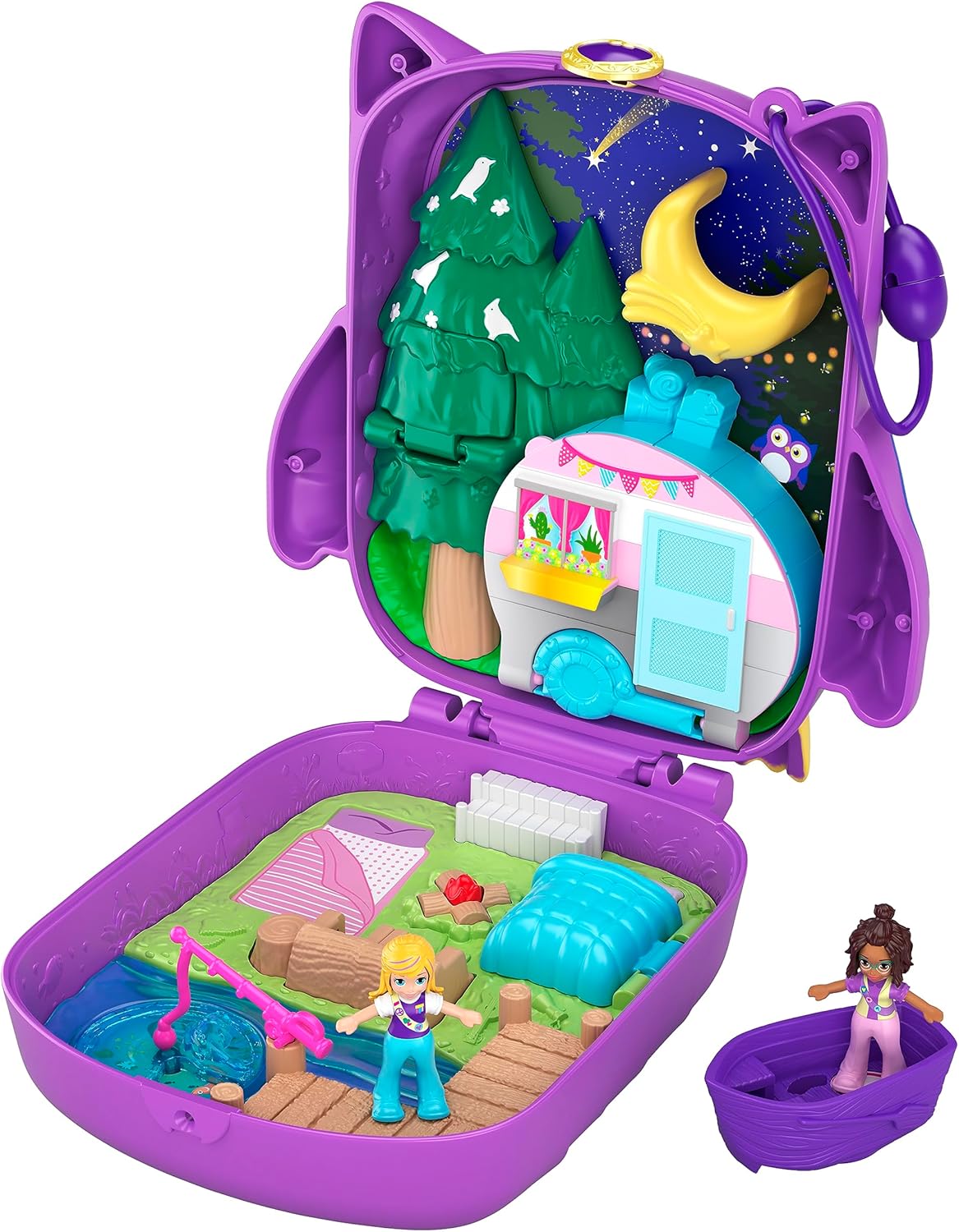 Polly Pocket Pocket World Owlnite Campsite compacto com revelações divertidas, bonecas Micro Polly e Shani, barco e folha de adesivos; Para maiores de 4 anos, GKJ47
