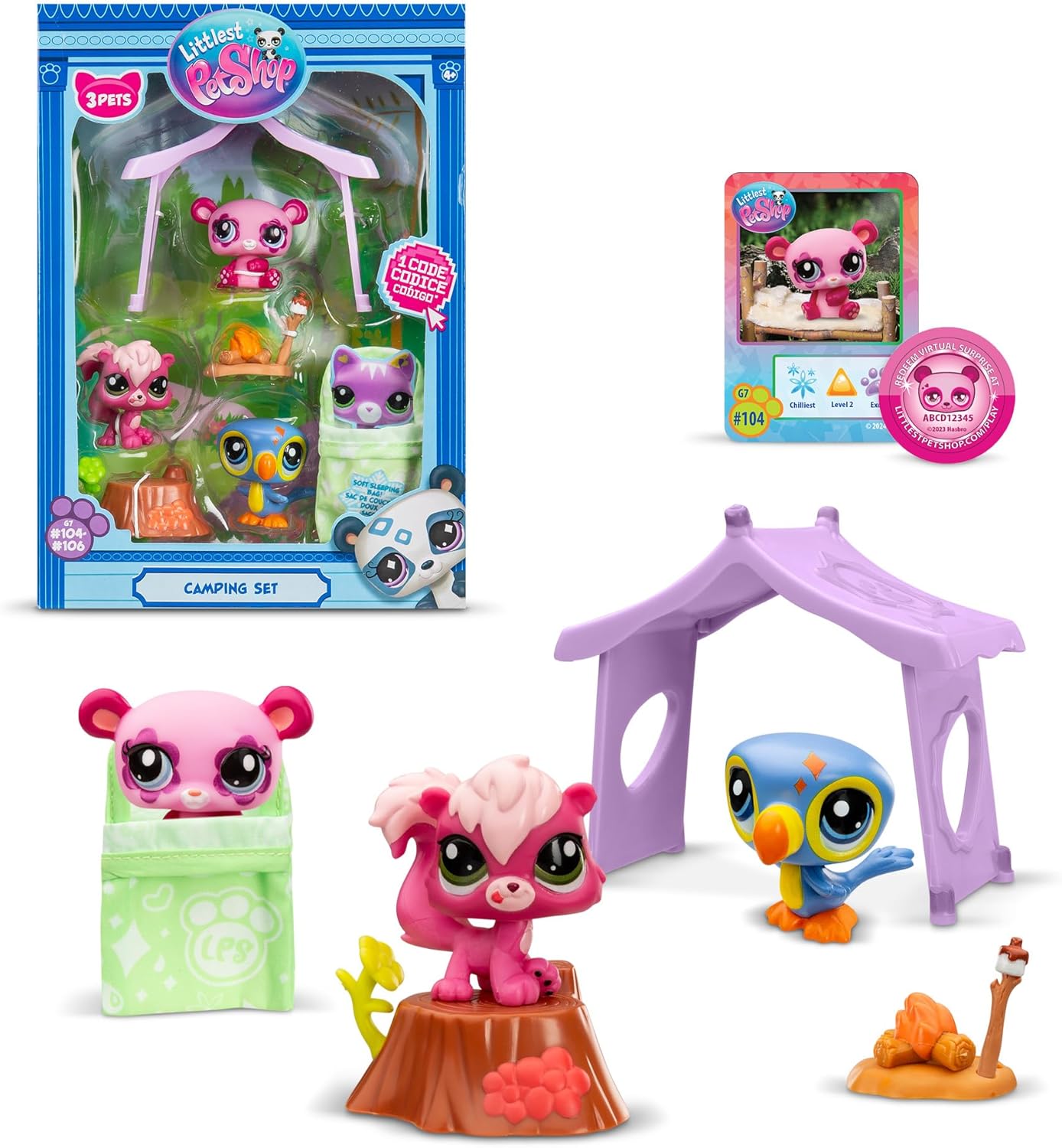 Littlest Pet Shop Série 2 Pacote de Aventura de Acampamento | O pacote contém 3 mini brinquedos LPS, 6 acessórios, 1 cartão colecionável e 1 código virtual | Brinquedos colecionáveis para meninas e meninos