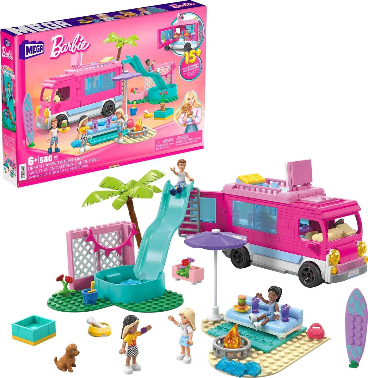 MEGA Conjunto de Construção Construx Barbie – Aventura no Trailer dos Sonhos, com 580 peças, 4 micrombonecas, pets da Barbie e acessórios, Rosa, para crianças a partir de 6 anos, HPN80