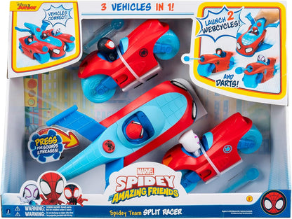 Homem-Aranha e seus amigos incríveis - Marvel Spidey Team Split Racer - Veículo três em um de 21,5 cm com dardos de teia, efeitos sonoros e frases.