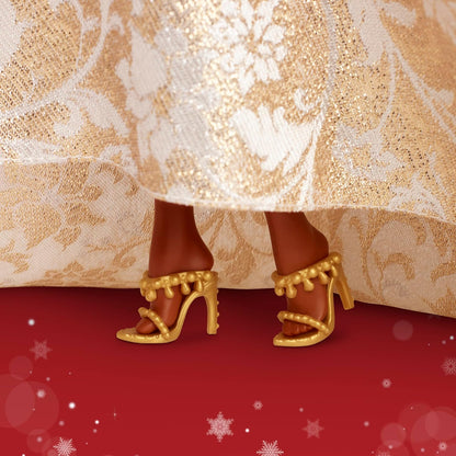 Barbie Signature, Boneca Fashion de Cabelo Preto para as Festas de Fim de Ano de 2025, Vestindo Vestido Prateado e Dourado, Brinquedo Colecionável Sazonal em Embalagem Exibível, JBJ01