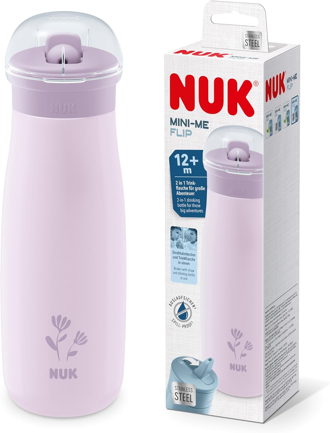 NUK Kiddy Cup Night Toddler Cup | 12+ Meses | 300ml | Bico temperado à prova de vazamento | brilha no escuro | Clipe e tampa protetora | Livre de BPA | Roxo