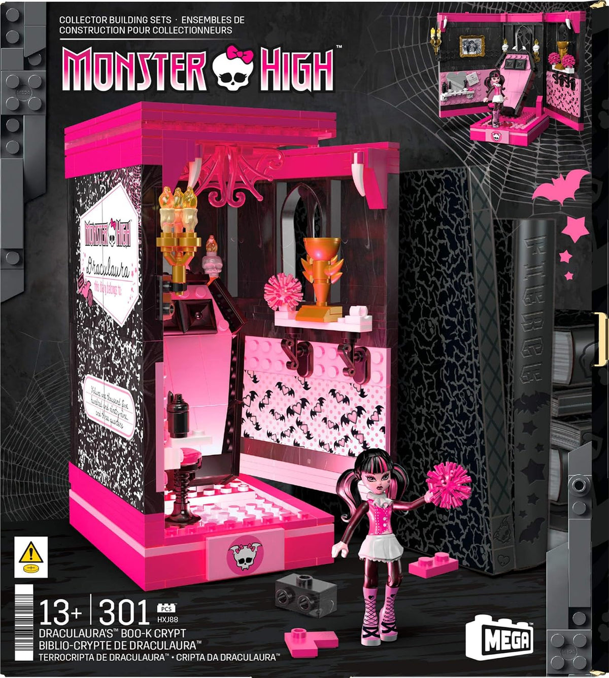 MEGA Conjunto de Montagem Monster High – Cripta "Boo-k" da Draculaura com 301 Peças, Cenário Estilo Livro para Colecionadores, HXJ88