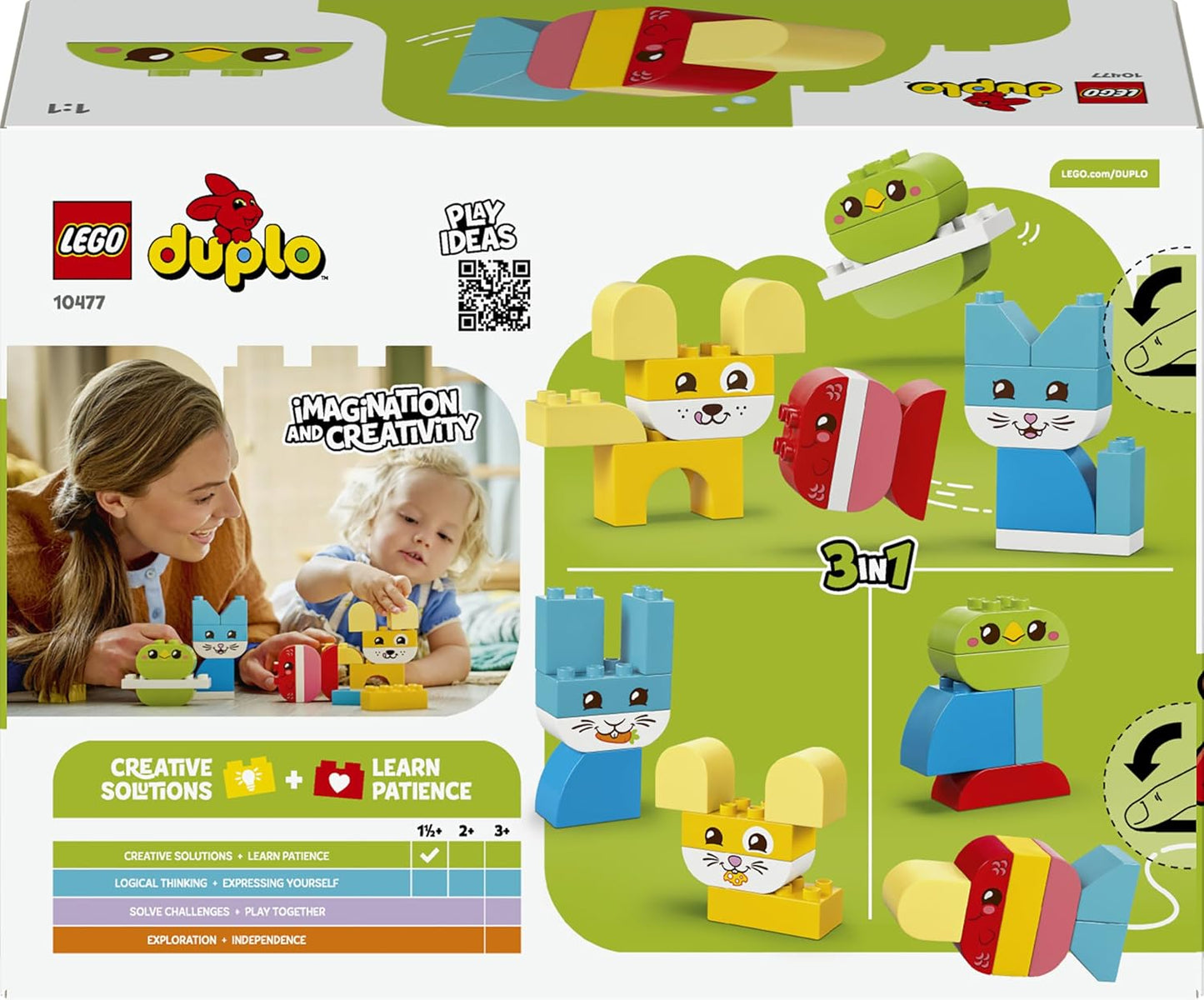 LEGO DUPLO 3 em 1 Bichinhos Criativos e Fofos - Brinquedo Educativo para Desenvolvimento da Coordenação Motora Fina em Crianças - Figuras de Animais, incluindo Cachorro, Gato, Pássaro e Peixe - Presente de Aniversário para Bebês,