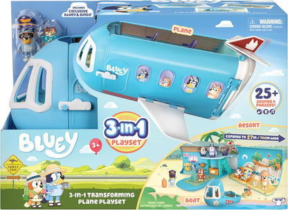¡El juego de avión transformador Bluey 3 en 1 se transforma de avión a resort y barco! Se abre para expandirse a un conjunto de complejo vacacional de 27 pulgadas/70 cm de ancho, más de 25 sonidos y frases.