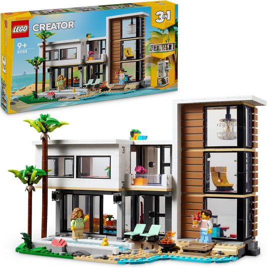 LEGO Juego de Casa Moderna y Cabaña en el Bosque de Edificio Urbano de 3 Pisos 3 en 1, Kit de Construcción de Modelos para Niños, Idea de Regalo para Niños y Niñas a Partir de 9 Años 31153