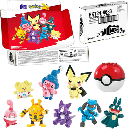 MEGA Conjunto de Brinquedos de Montar Pokémon – Pacote com 8 Treinadores e 189 Peças, 8 Personagens Articulados e Posicionáveis (aprox. 5 cm de altura), para Crianças, HKT24