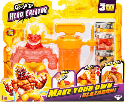 Heróis de Goo Jit Zu Hero Creator Blazagon com 3 recheios de gosma exclusivos. Misture, preencha e crie sua própria figura de ação elástica.