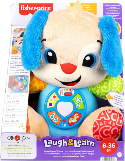 Brinquedo Educativo Fisher-Price Baby Laugh & Learn Smart Stages Cachorrinho de Pelúcia Musical com Estágios Inteligentes para Bebês a partir de 6 Meses, Versão Multilíngue: Holandês, Inglês, Francês, Alemão, Italiano, JFD20