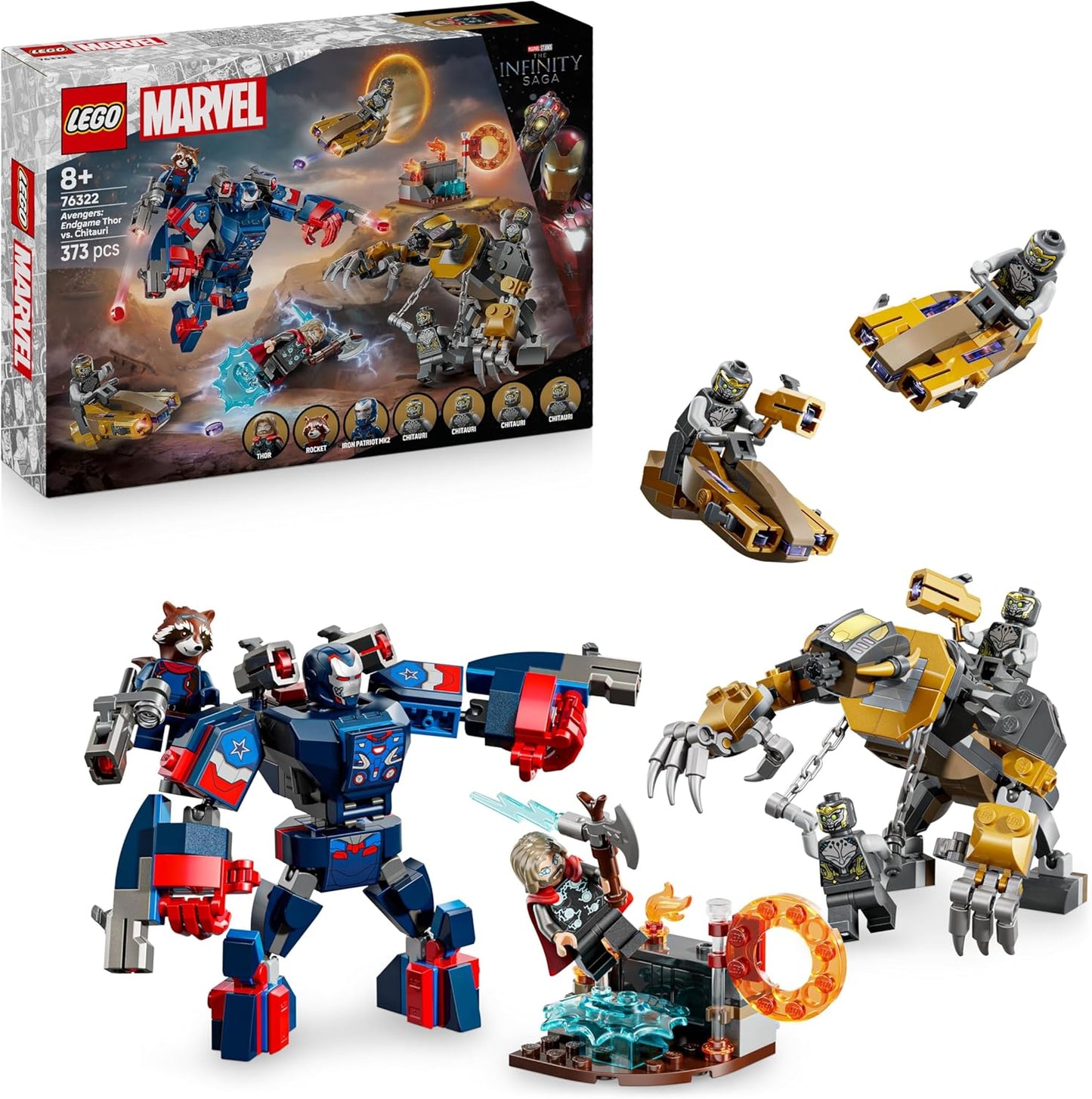 LEGO ǀ Marvel Vingadores: Ultimato Thor vs. Chitauri - Brinquedo de Construção com um Robô, Figura de Gorila e 7 Minifiguras, incluindo Thor, Rocket e Patriota de Ferro - Presente de Super-Herói para Meninos a partir de 8 Anos - 76322