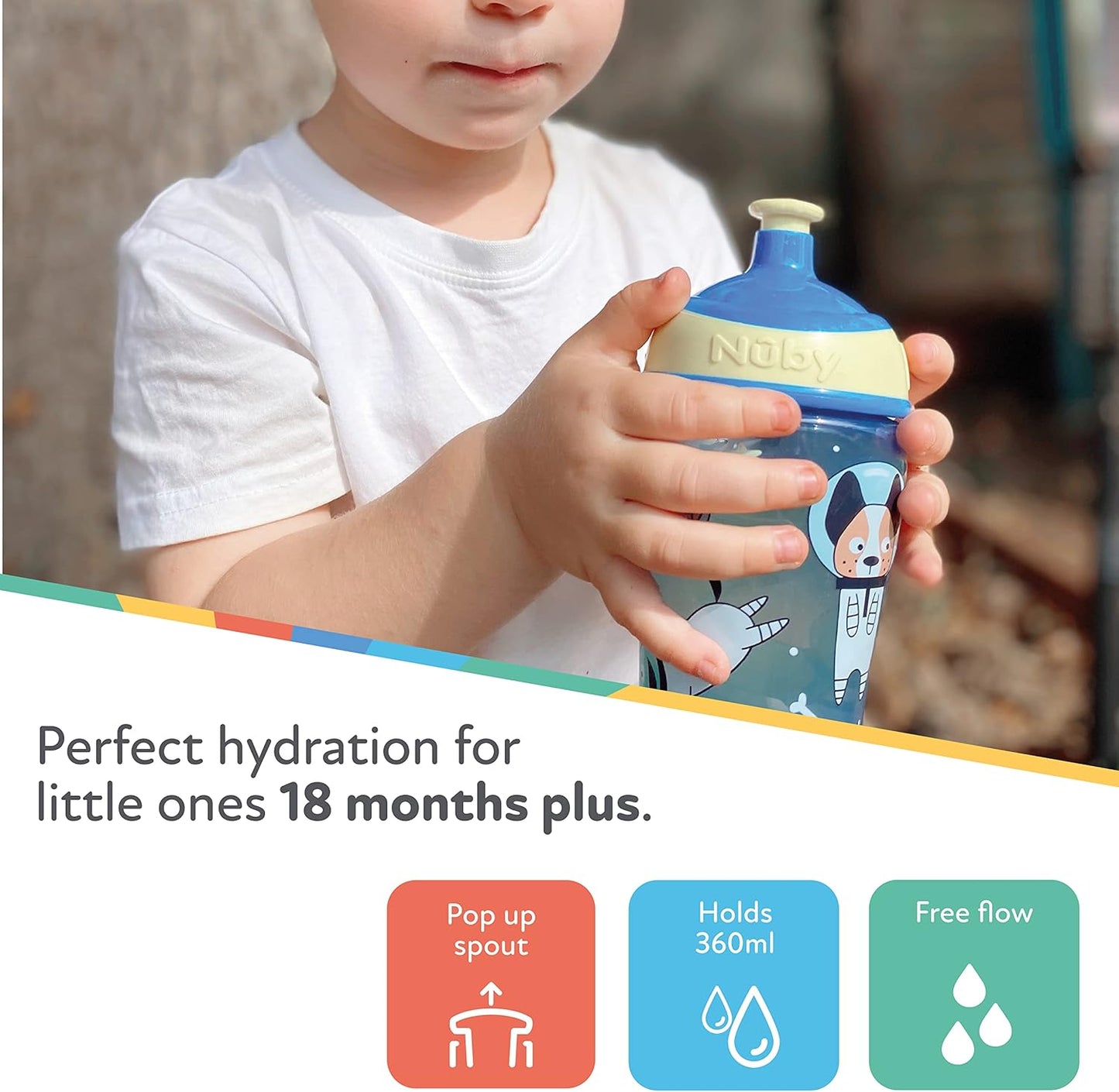Botella de agua Nuby Super Slurp - Vaso antiderrames para niños pequeños | 360ml / 12oz | Fácil de sostener | Apto para lavavajillas | Taza adecuada para niños a partir de 18 meses (Rainbows, paquete de 2), 048526890460