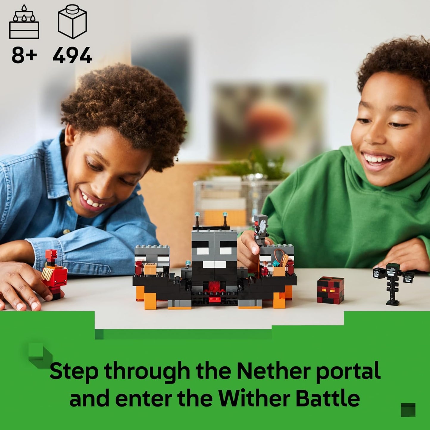 LEGO Minecraft Batalha Wither - Brinquedo Interativo com Guerreiro Carmesim, Andarilho, Cubo de Magma e 2 Figuras de Esqueletos Wither - Presente para Jogadores a partir de 8 Anos - 21590