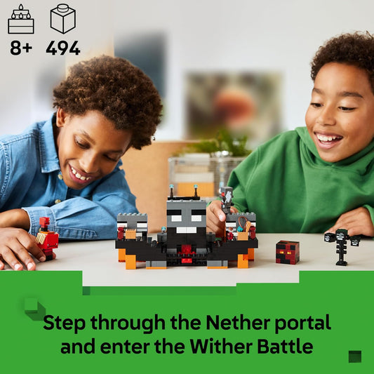 LEGO Minecraft Batalha Wither - Brinquedo Interativo com Guerreiro Carmesim, Andarilho, Cubo de Magma e 2 Figuras de Esqueletos Wither - Presente para Jogadores a partir de 8 Anos - 21590